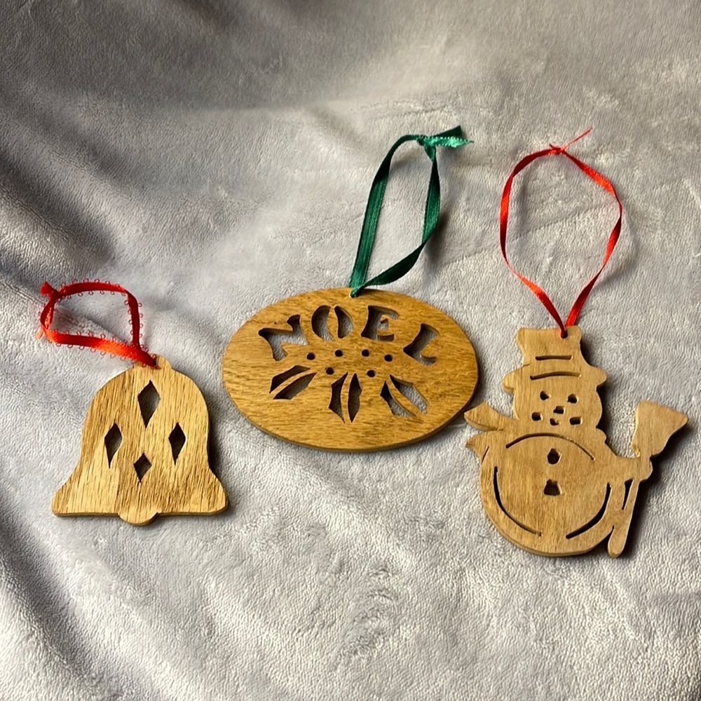Set of 3 Cut Out Wood Ornaments- Bell, Noel, Snowman